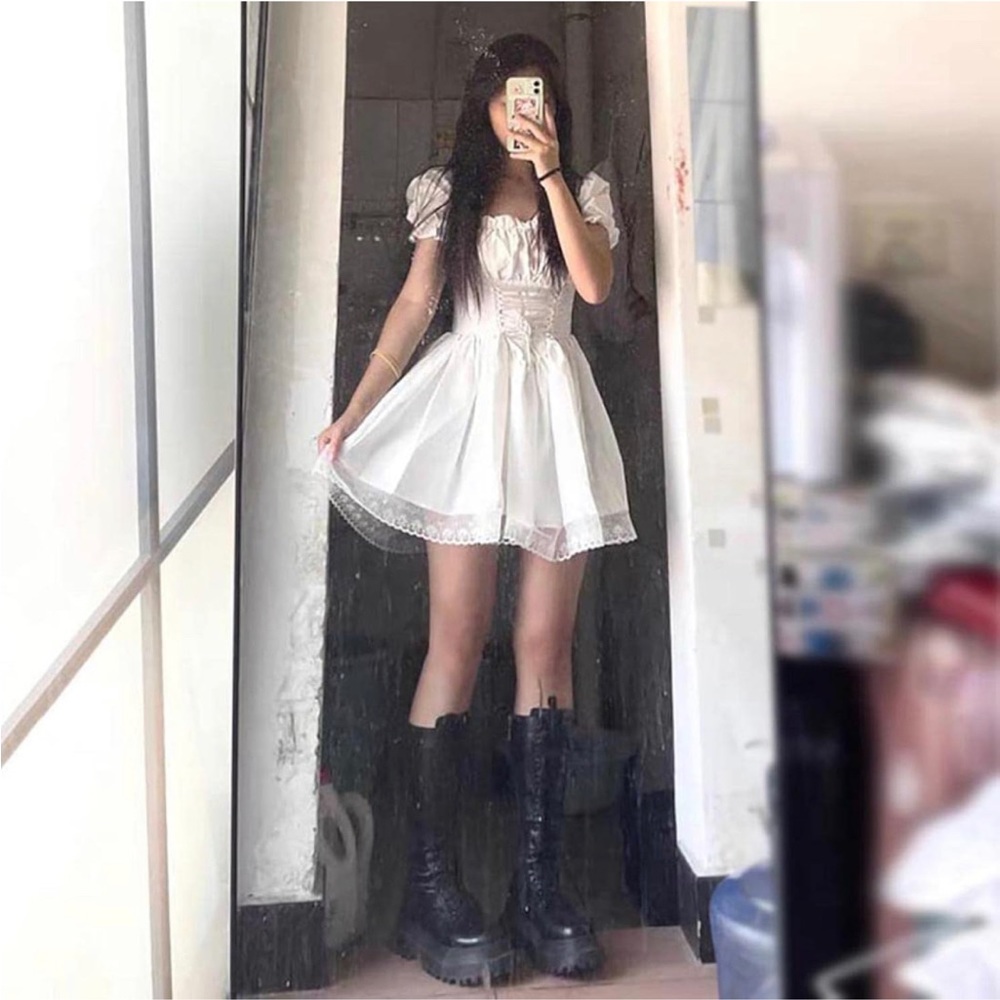 Women's Puff Sleeve Corset Waist Skater Dress